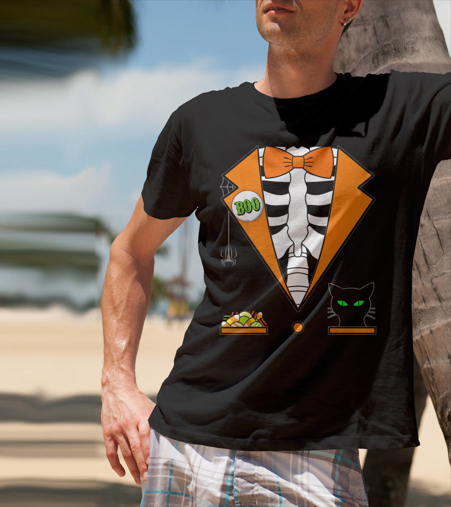 Easy Halloween Costume Orange Skeleton Tuxedo With Candy Bowl And Black Cat T-Shirt