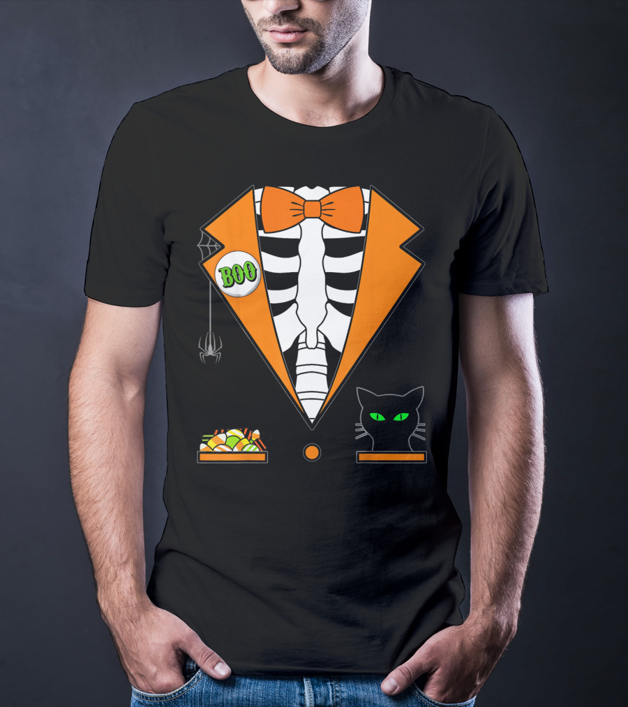 Easy Halloween Costume Orange Skeleton Tuxedo With Candy Bowl And Black Cat T-Shirt