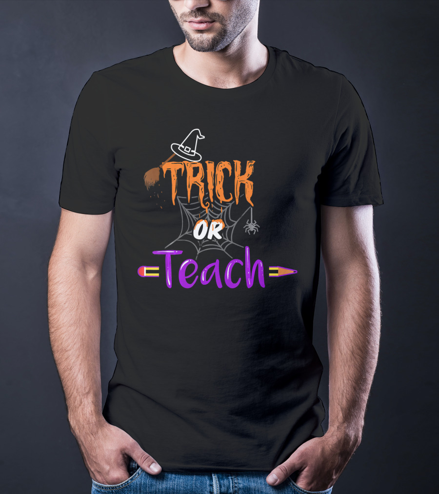 Trick Or Teach Funny Halloween Spider Witch Hat Pencil T-Shirt