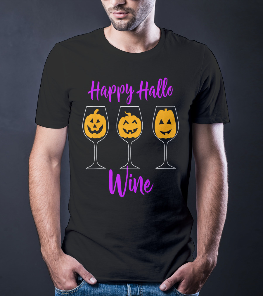 Happy Hallo Wine Funny Halloween Pumpkins In Wine Glasses T-Shirt