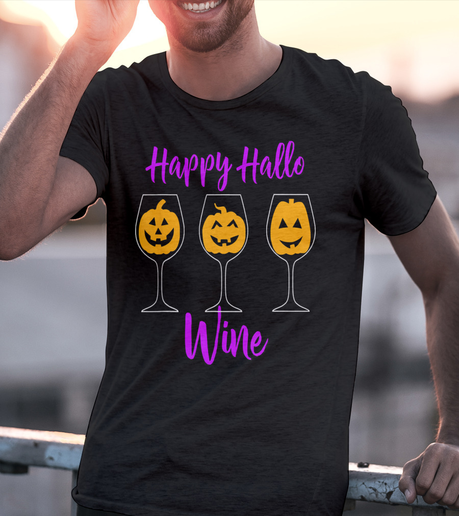 Happy Hallo Wine Funny Halloween Pumpkins In Wine Glasses T-Shirt