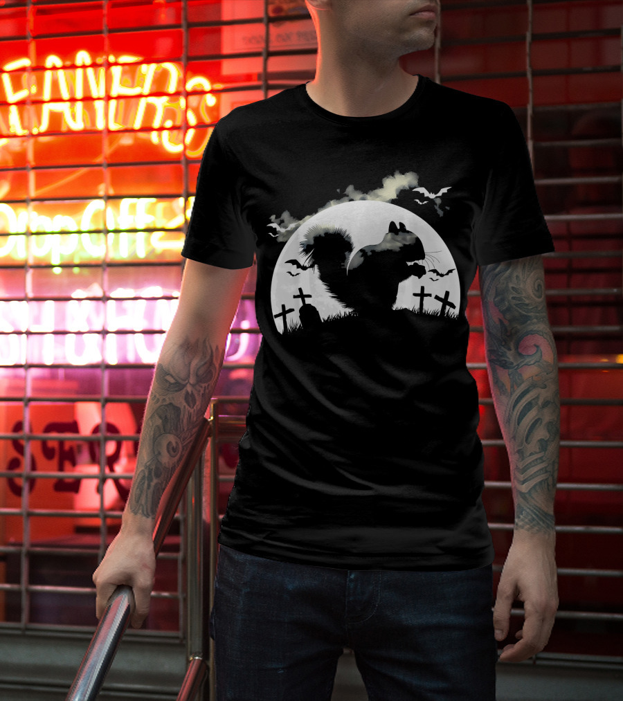 Spooky Halloween Rodent In Graveyard With Full Moon And Bats T-Shirt