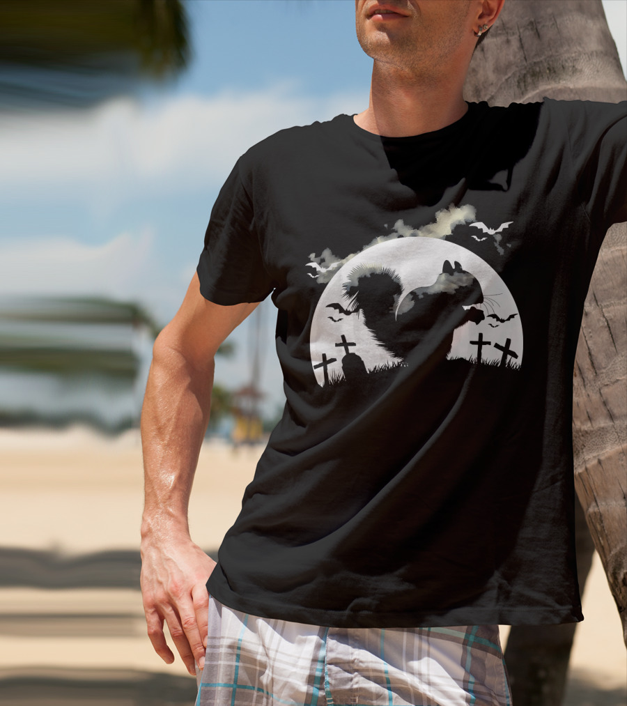 Spooky Halloween Rodent In Graveyard With Full Moon And Bats T-Shirt