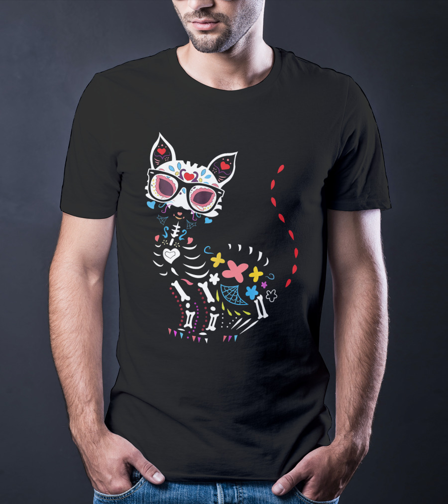 Colorful Day Of The Dead Black Cat Halloween T-Shirt