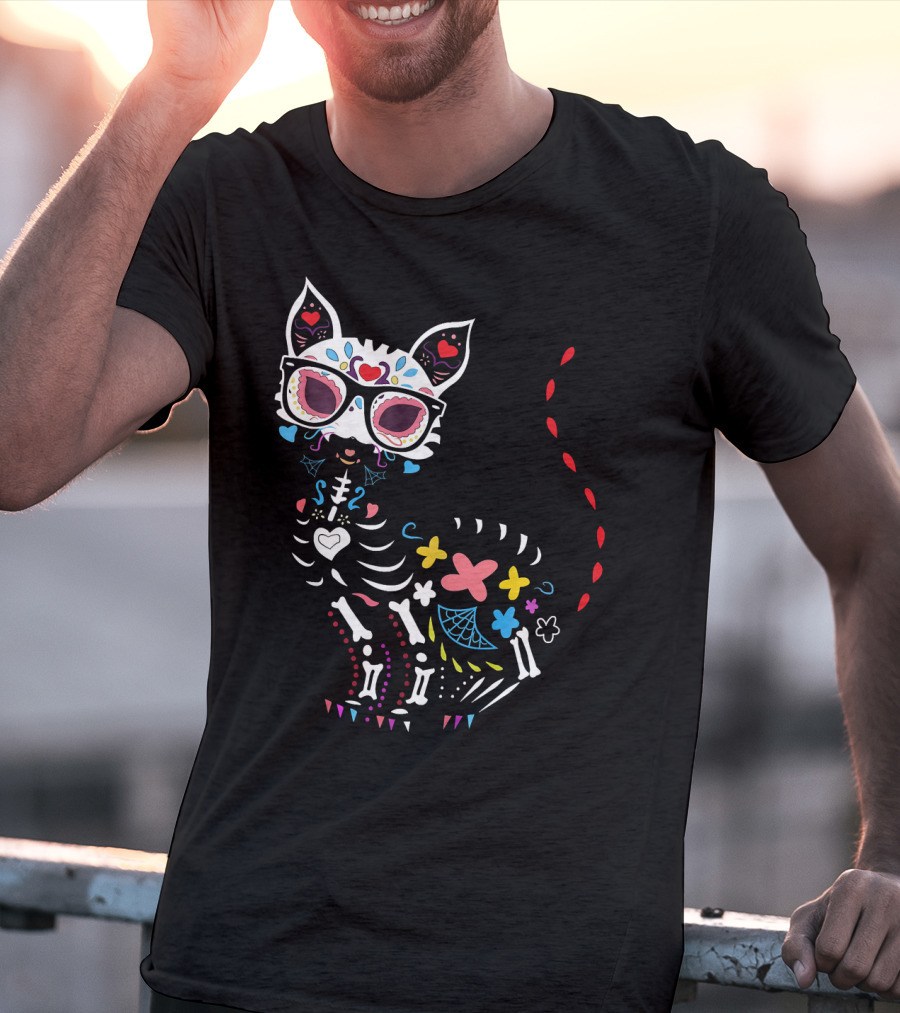 Colorful Day Of The Dead Black Cat Halloween T-Shirt