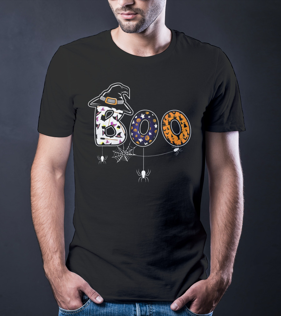 Boo Halloween Witch Hat Spider Web Letters T-Shirt