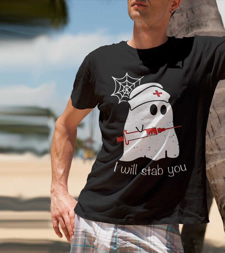 I Will Stab You Ghost Nurse Fun Halloween Syringe Spider Web T-Shirt