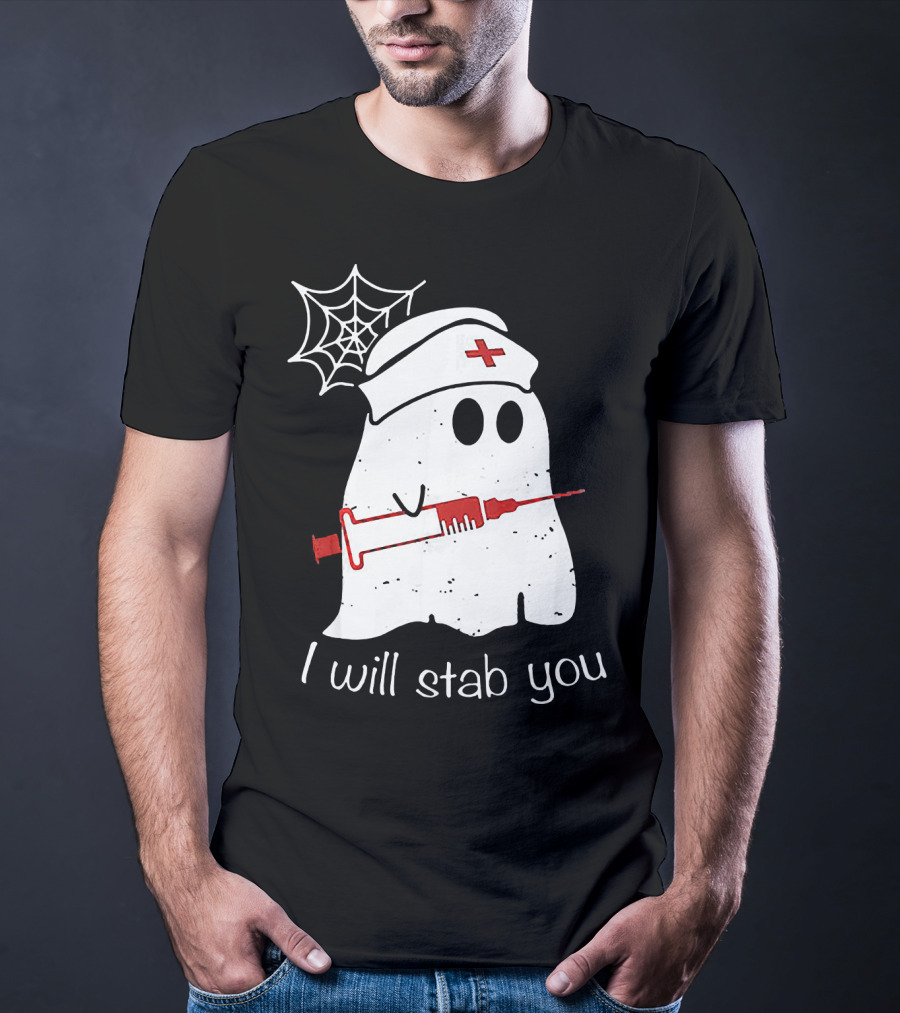 I Will Stab You Ghost Nurse Fun Halloween Syringe Spider Web T-Shirt