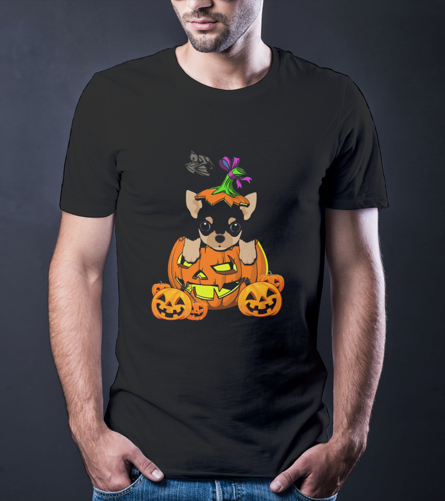 Happy Halloween Funny Chihuahua Jack-O'-Lantern Pumpkin With Bats T-Shirt