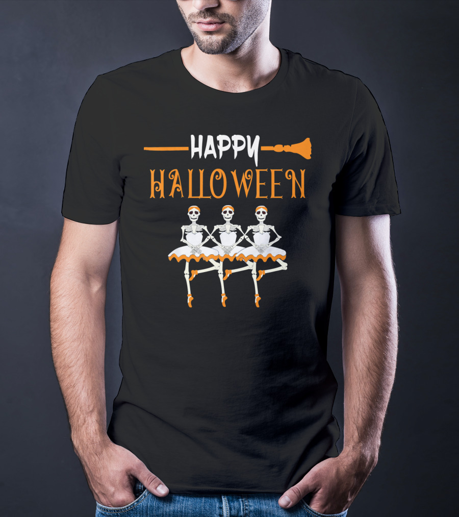 Happy Halloween Skeleton Ballerina Trio With Broomstick T-Shirt