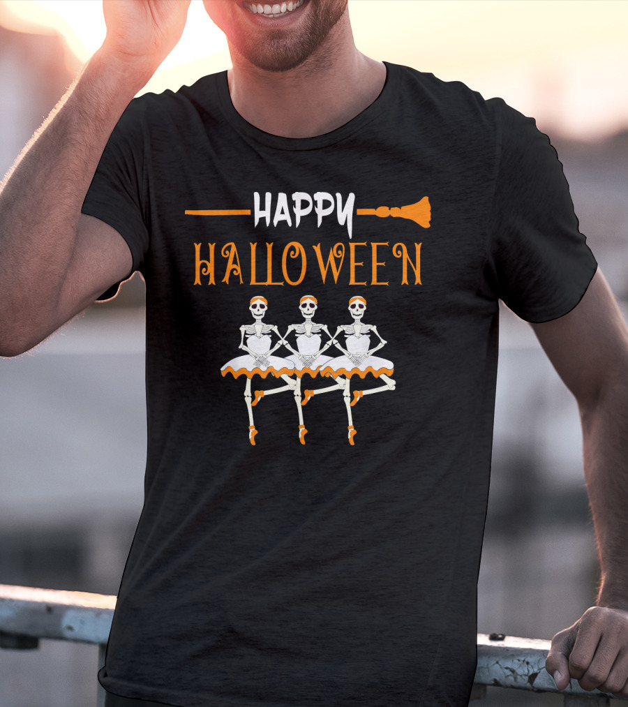Happy Halloween Skeleton Ballerina Trio With Broomstick T-Shirt