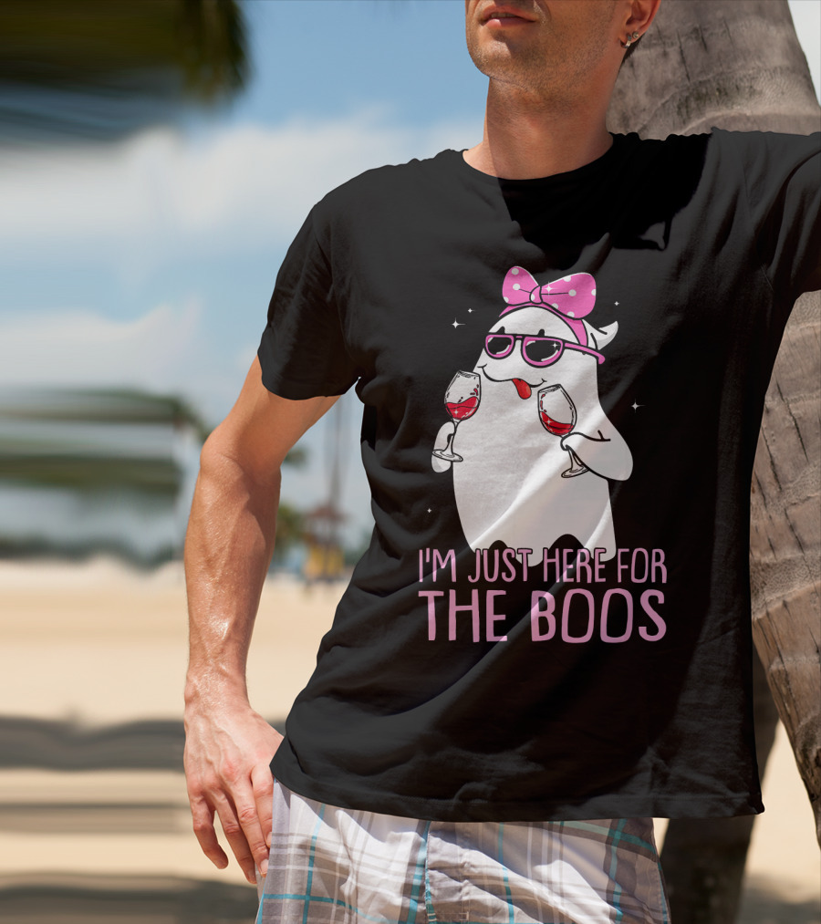 I'm Just Here For The Boos Wine Lover Ghost With Bow And Sunglasses T-Shirt