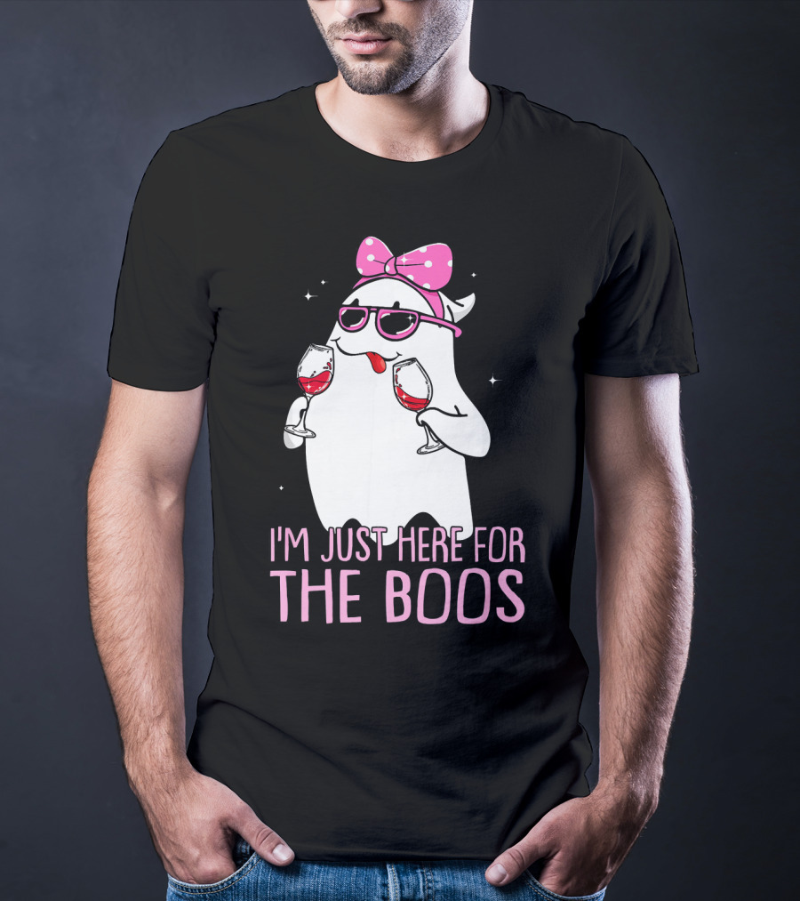 I'm Just Here For The Boos Wine Lover Ghost With Bow And Sunglasses T-Shirt