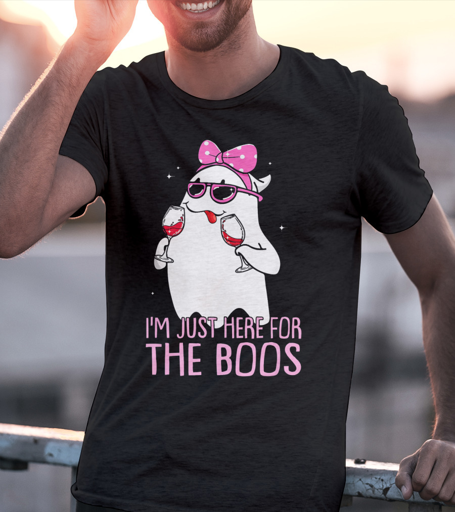 I'm Just Here For The Boos Wine Lover Ghost With Bow And Sunglasses T-Shirt