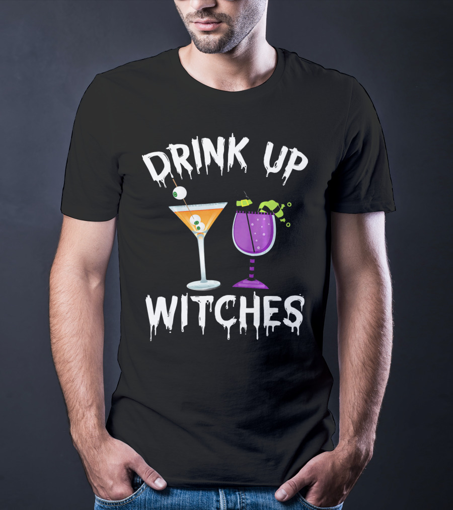 Drink Up Witches Funny Halloween Pun Cocktail Eyeball And Broomstick Drinks T-Shirt