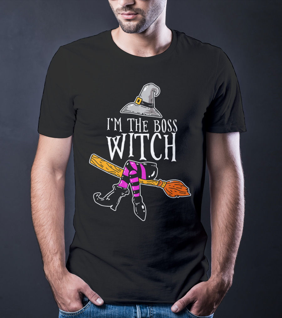 I'm The Boss Witch Funny Halloween Hat Broomstick Boots Striped Socks T-Shirt