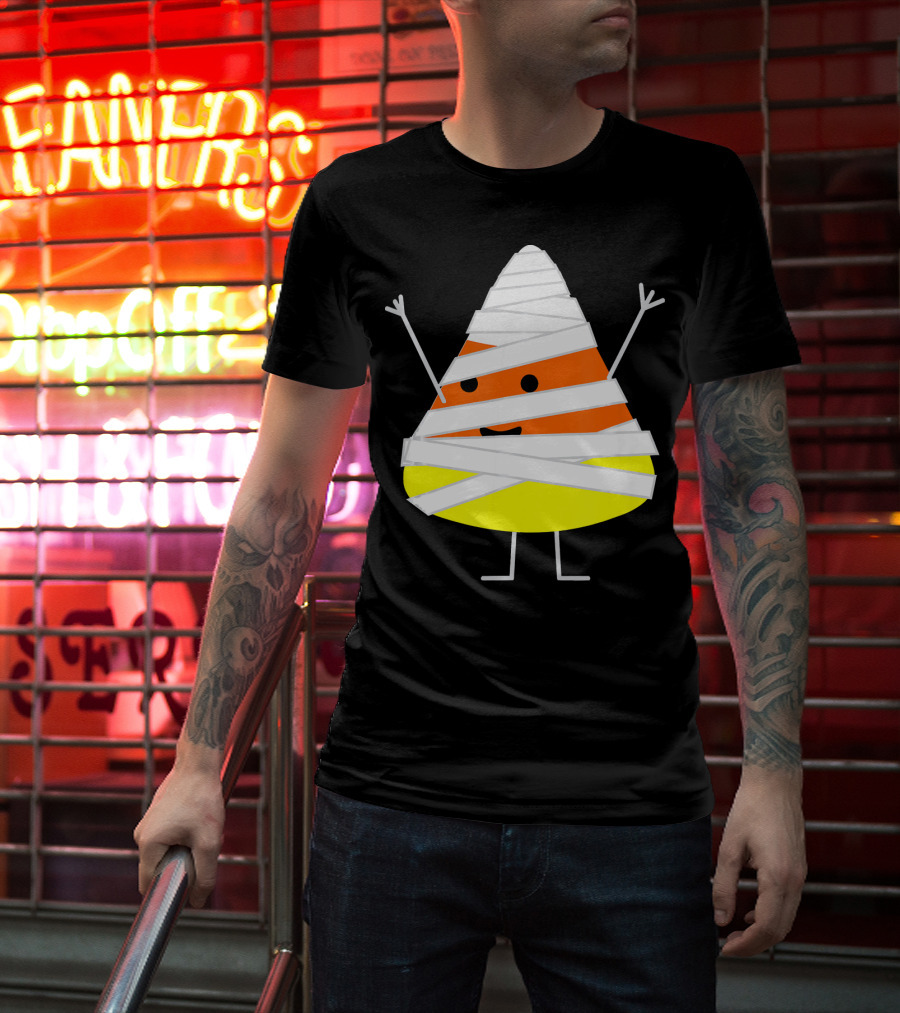 Mummy Wrapped Cartoon Candy Corn Halloween T-Shirt