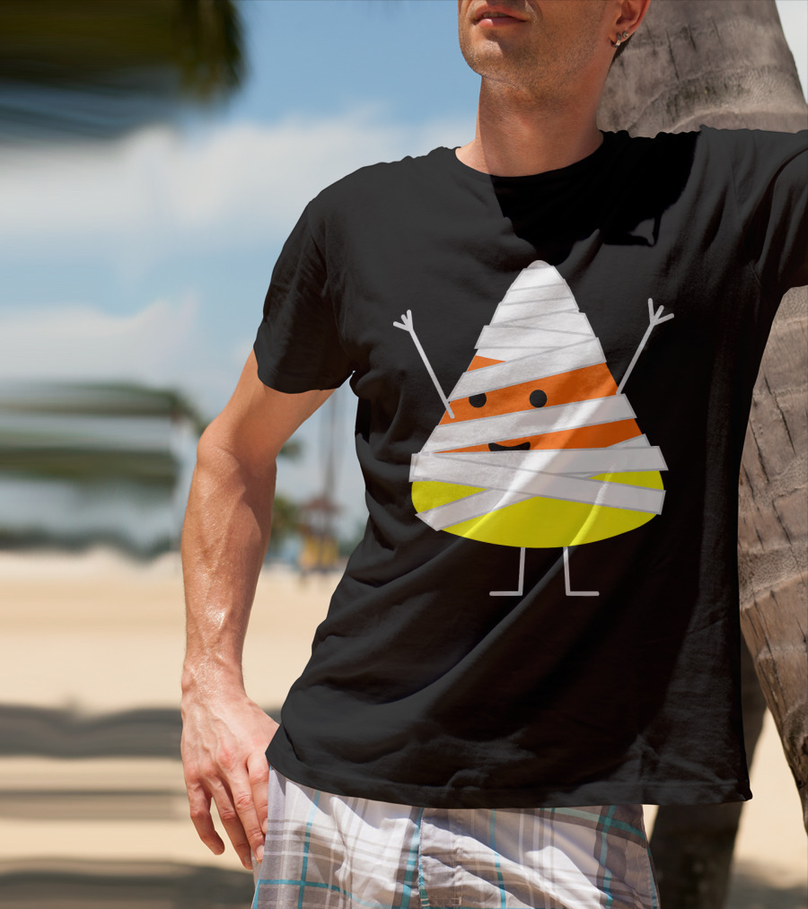 Mummy Wrapped Cartoon Candy Corn Halloween T-Shirt