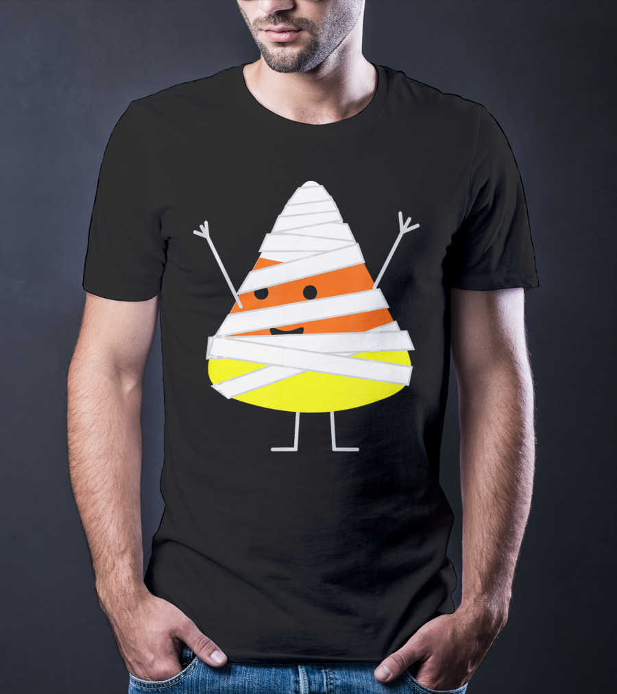 Mummy Wrapped Cartoon Candy Corn Halloween T-Shirt