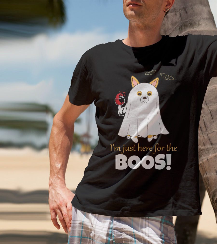 I'm Just Here For The Boos Corgi With Wine And Bat Decorations T-Shirt