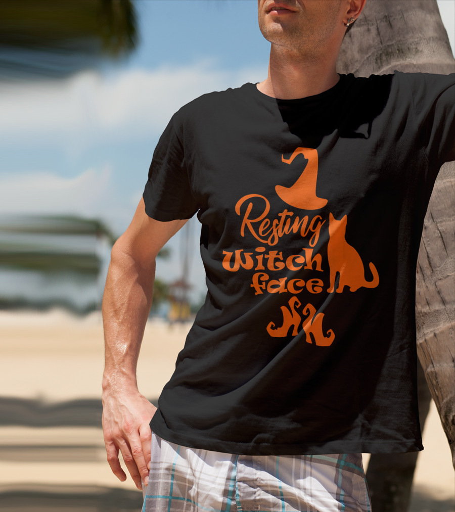 Resting Witch Face Halloween Cat Witch Hat Shoes T-Shirt
