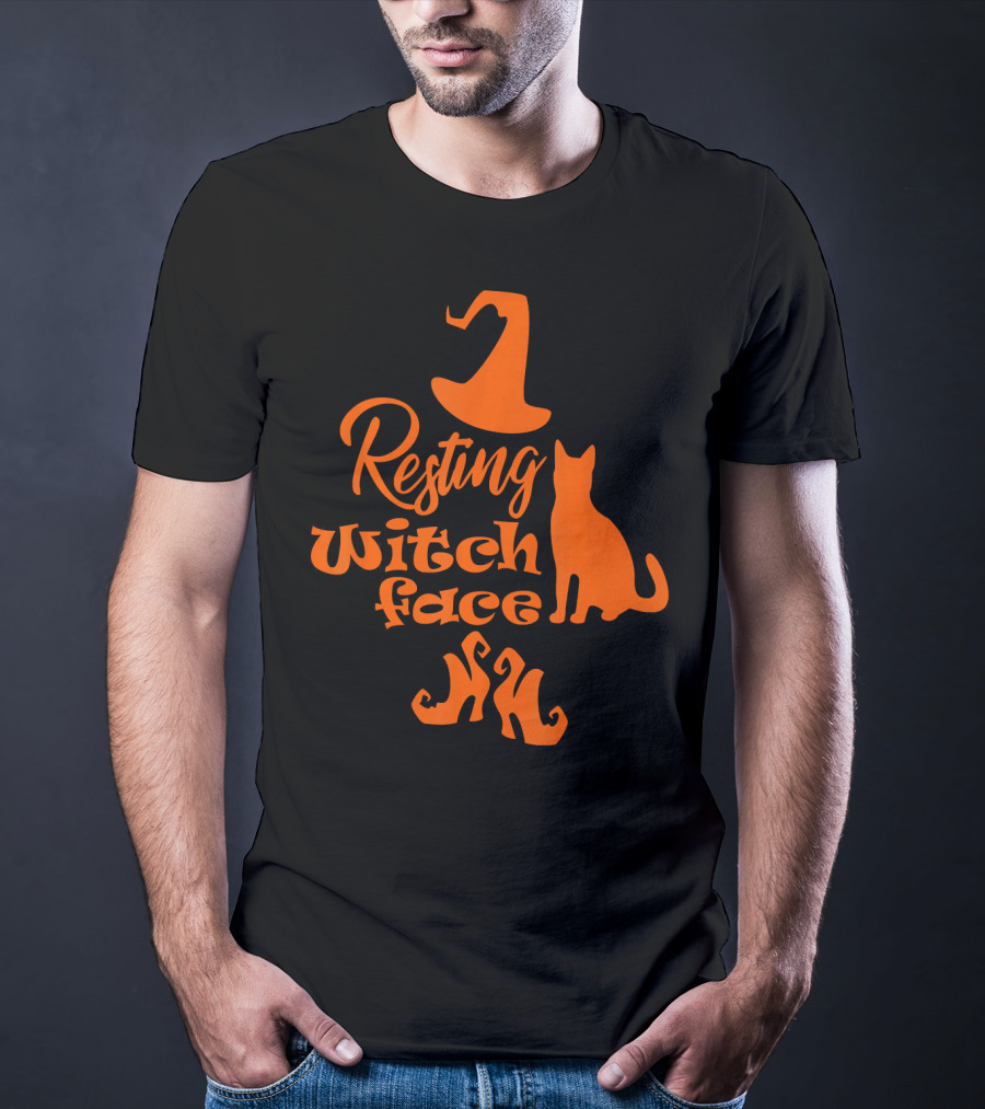 Resting Witch Face Halloween Cat Witch Hat Shoes T-Shirt