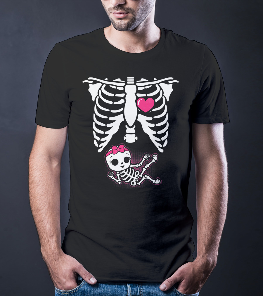 Halloween Skeleton Pregnancy Ribcage With Baby Girl And Heart T-Shirt
