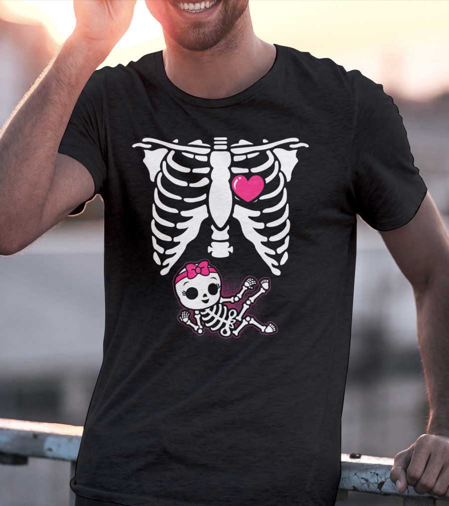 Halloween Skeleton Pregnancy Ribcage With Baby Girl And Heart T-Shirt