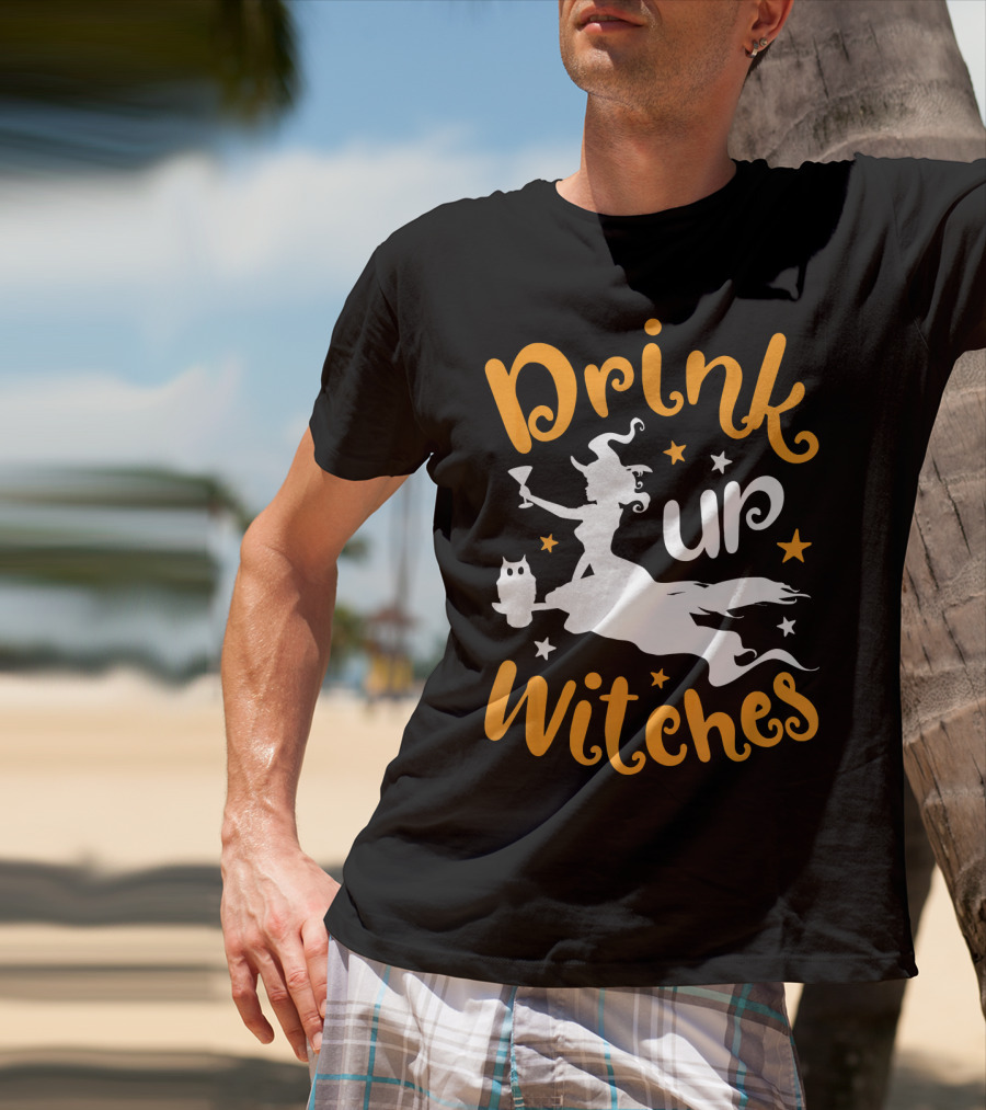 Drink Up Witches Halloween Witch Silhouette With Owl And Stars T-Shirt