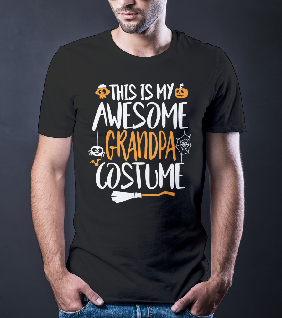 This Is My Awesome Grandpa Halloween Costume Pumpkin Spider Web Broomstick T-Shirt