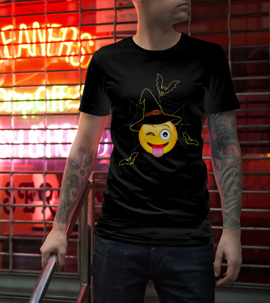Funny Halloween Witch Emoji Winking Face With Bats And Spider Web T-Shirt