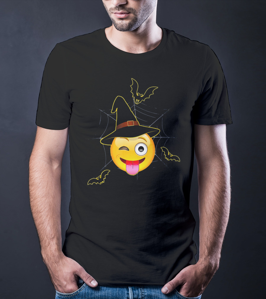 Funny Halloween Witch Emoji Winking Face With Bats And Spider Web T-Shirt