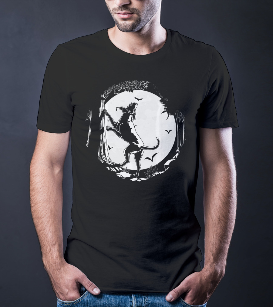 Coonhound Hunting Dog Under Full Moon With Bats And Trees T-Shirt