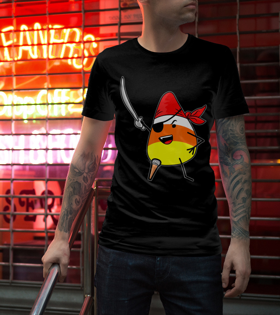 Candy Corn Pirate With Jolly Roger Sword Halloween T-Shirt