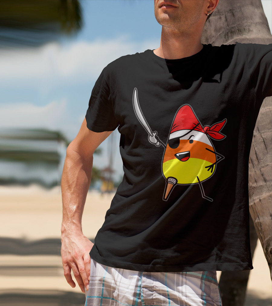Candy Corn Pirate With Jolly Roger Sword Halloween T-Shirt