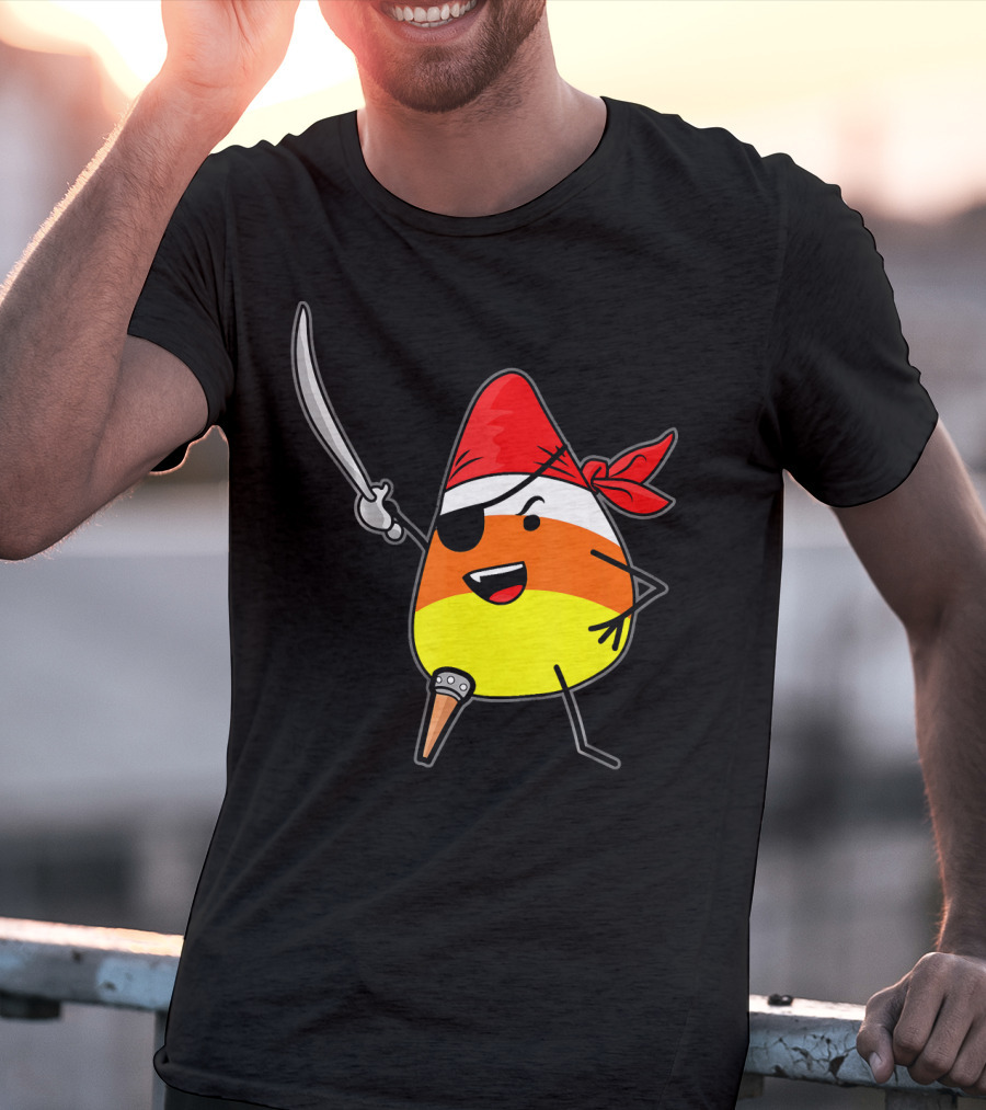 Candy Corn Pirate With Jolly Roger Sword Halloween T-Shirt
