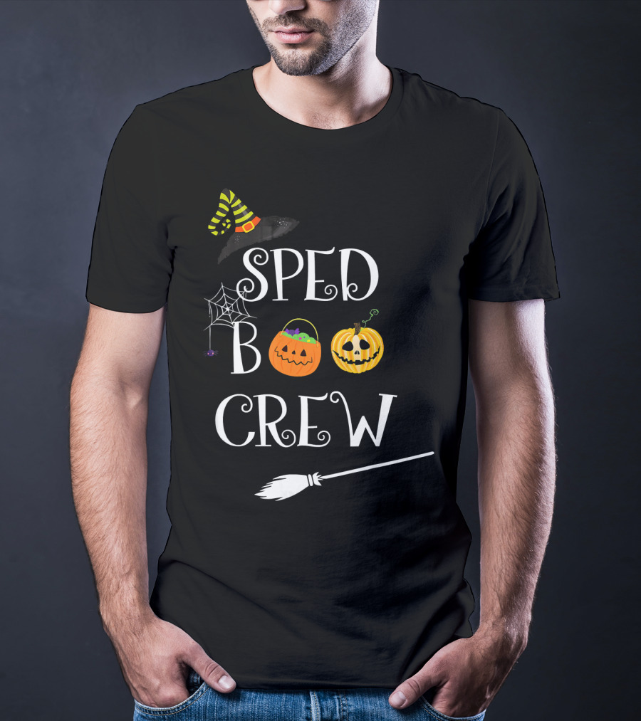 SPED BOO CREW Special Education Teacher Halloween Witch Hat Pumpkin Broom Decor T-Shirt