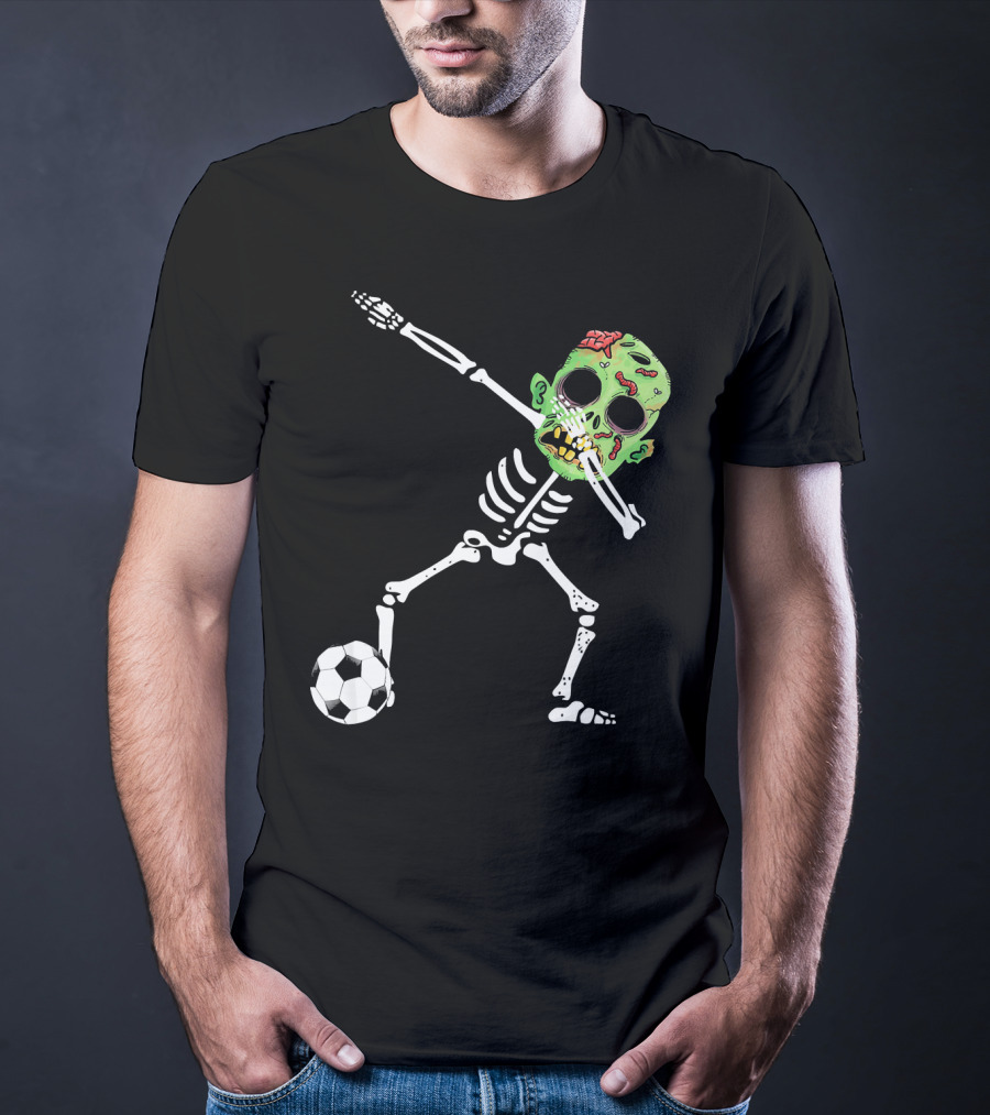 Dabbing Skeleton Soccer Zombie With Green Head T-Shirt