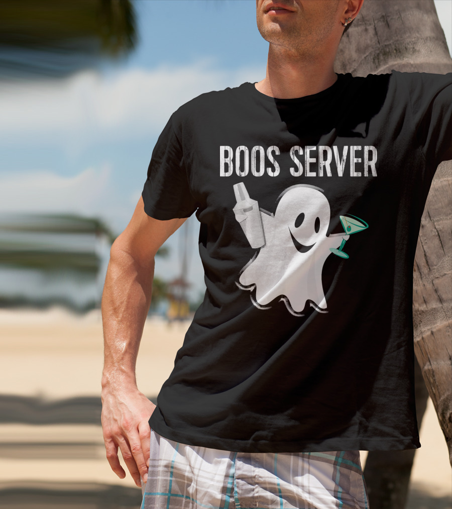 Boos Server Ghost Holding Cocktail Shaker And Martini T-Shirt