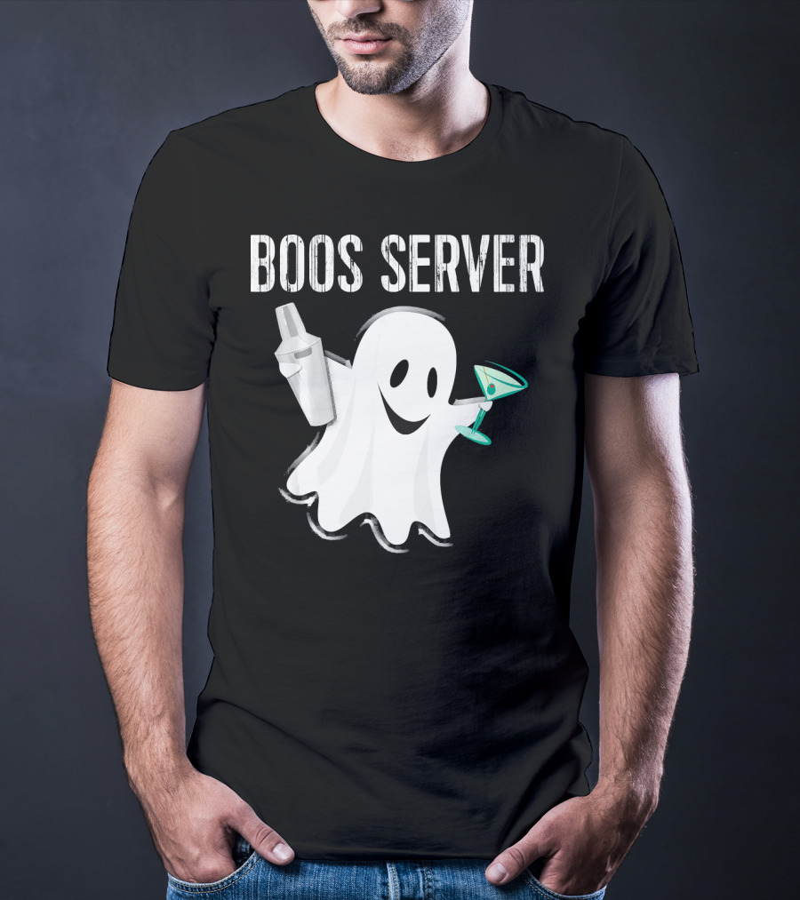 Boos Server Ghost Holding Cocktail Shaker And Martini T-Shirt