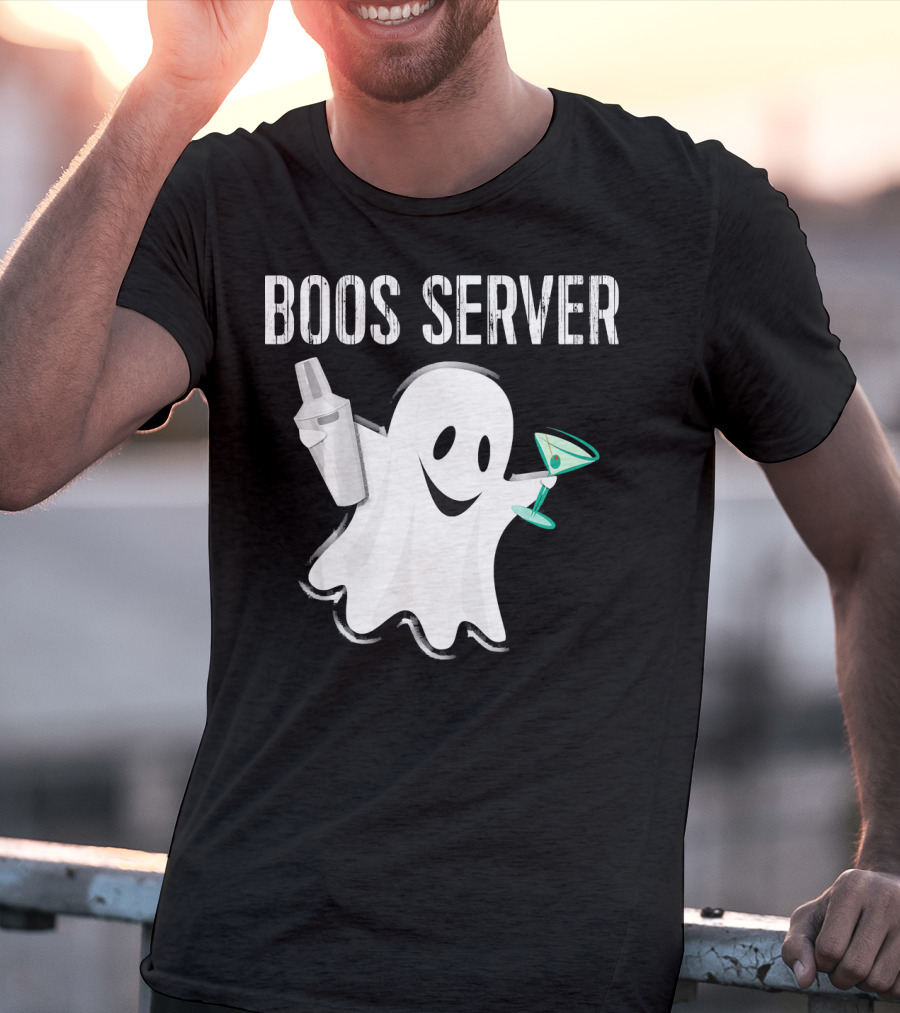 Boos Server Ghost Holding Cocktail Shaker And Martini T-Shirt
