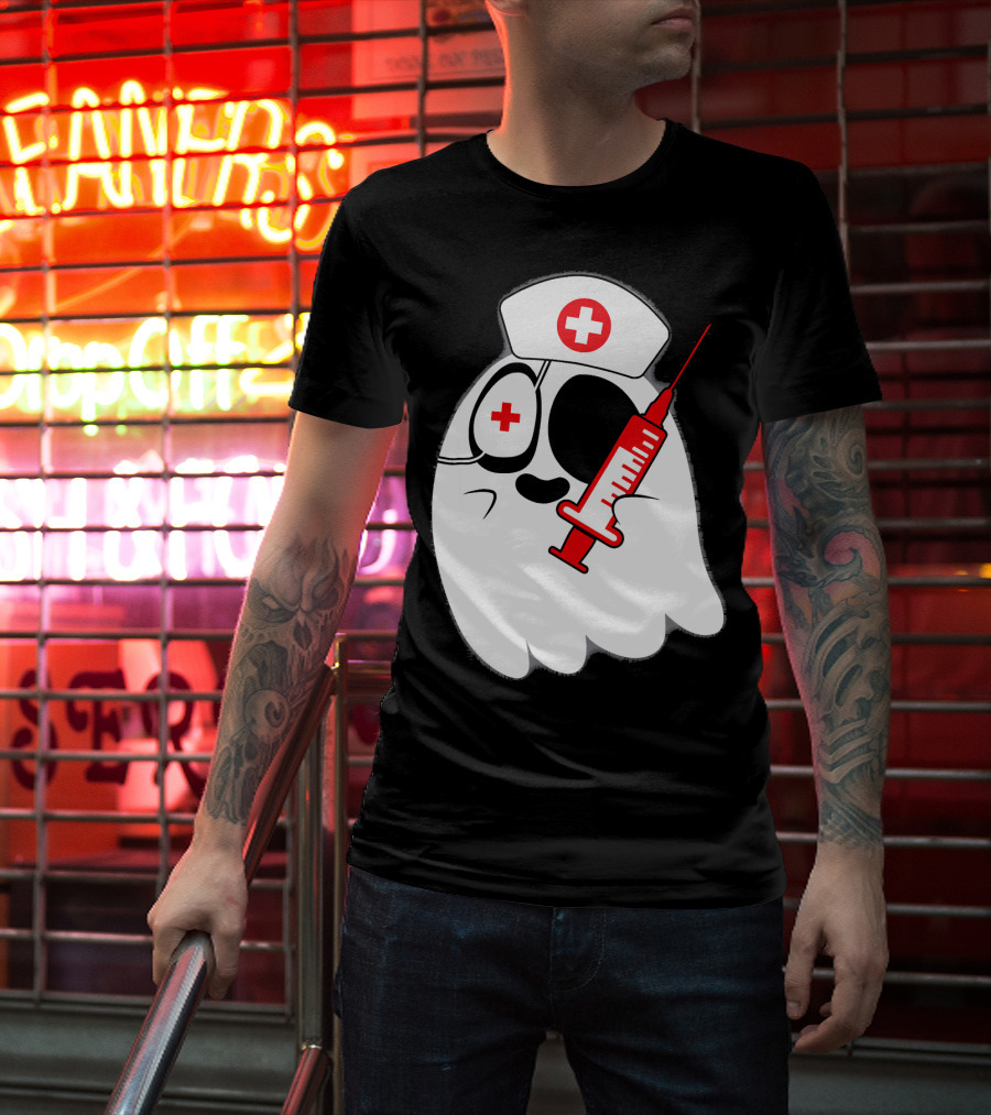 Funny Ghost Nurse Emoji With Syringe Nurse Hat T-Shirt