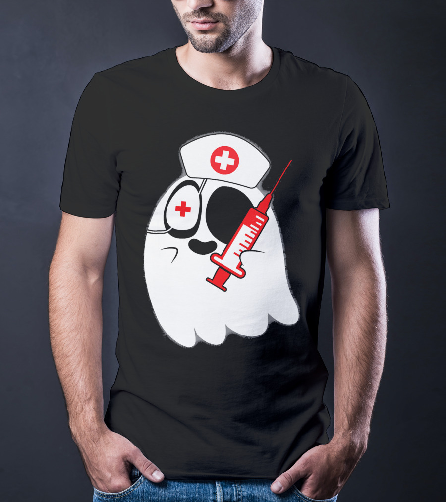 Funny Ghost Nurse Emoji With Syringe Nurse Hat T-Shirt