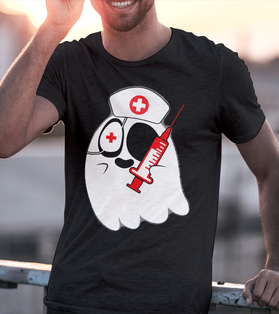 Funny Ghost Nurse Emoji With Syringe Nurse Hat T-Shirt