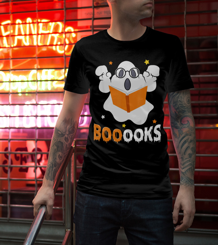 Booooks Ghost With Glasses Holding Orange Book And Stars T-Shirt