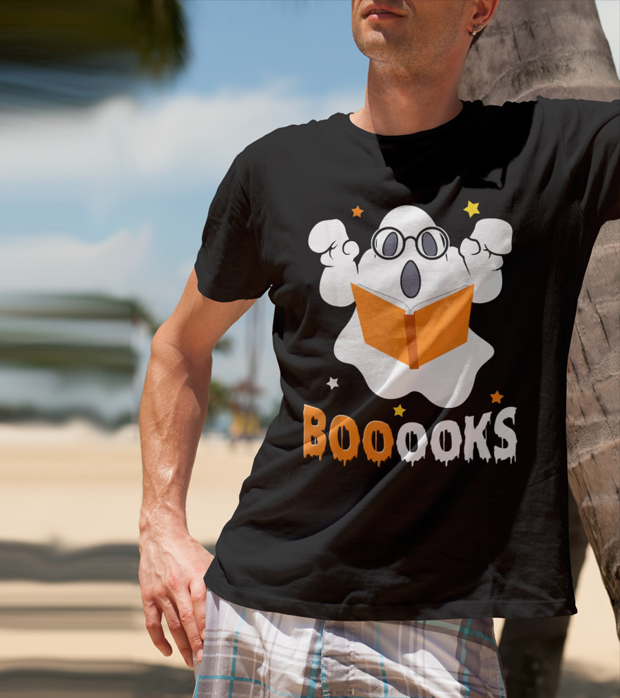 Booooks Ghost With Glasses Holding Orange Book And Stars T-Shirt