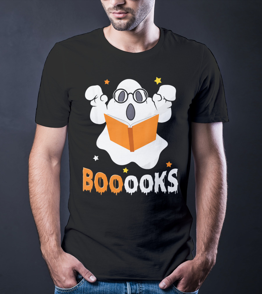Booooks Ghost With Glasses Holding Orange Book And Stars T-Shirt