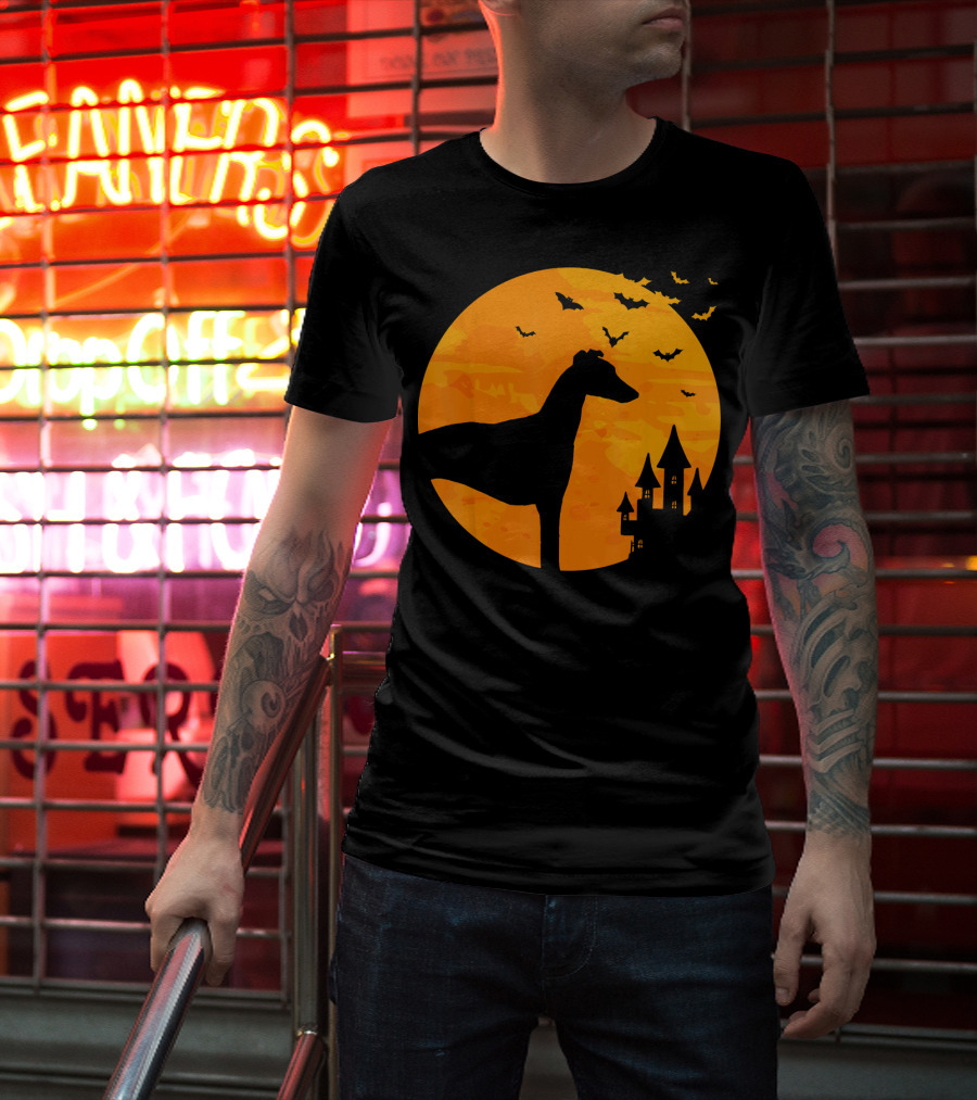 Whippet Scary Halloween Moon Castle Bats T-Shirt