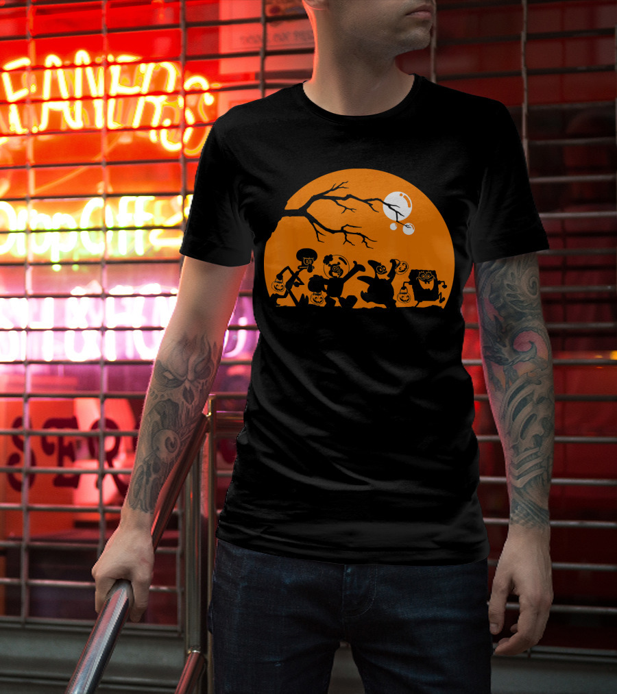 Spongebob Squarepants Halloween Group Silhouette Against Orange Moon T-Shirt