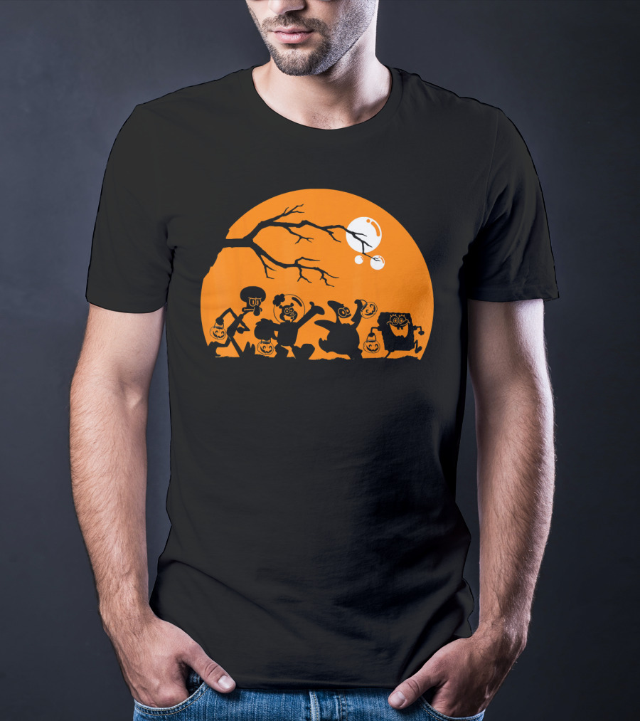 Spongebob Squarepants Halloween Group Silhouette Against Orange Moon T-Shirt